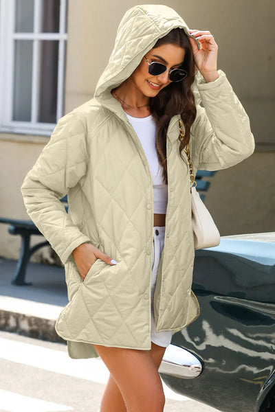 Snap Down Long Sleeve Quilted Winter Coat - Byyde