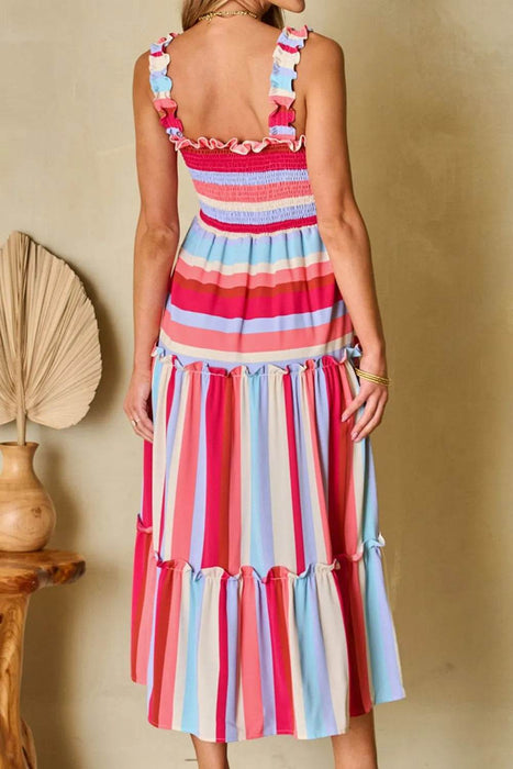 Contrast Stripe Wide Strap Smocked Tiered Dress - Byyde