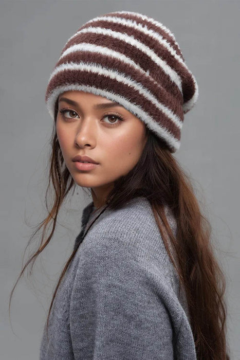 Fuzzy Contrast Striped Thermal Hat - Byyde