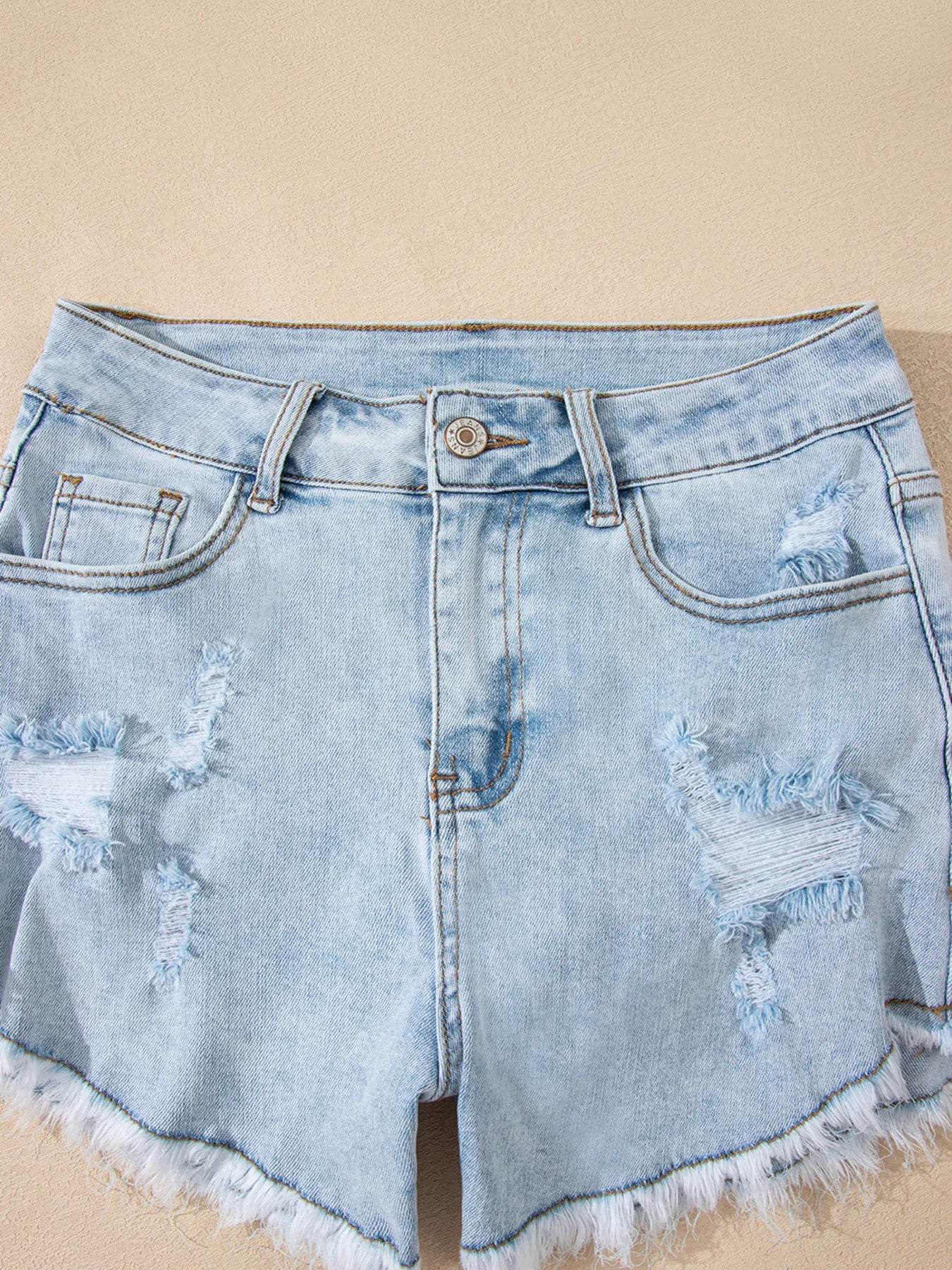 High Rise Distressed Raw Hem Denim Shorts - Byyde