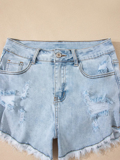 High Rise Distressed Raw Hem Denim Shorts - Byyde