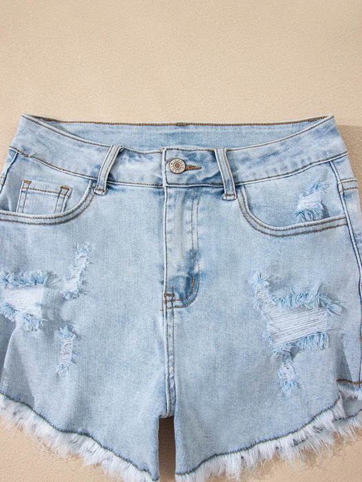 High Rise Distressed Raw Hem Denim Shorts - Byyde