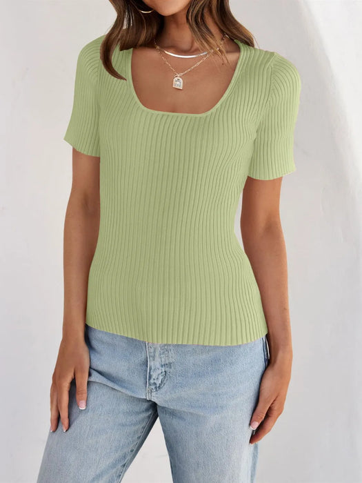 Ribbed Square Neck Short Sleeve Knit Top - Byyde