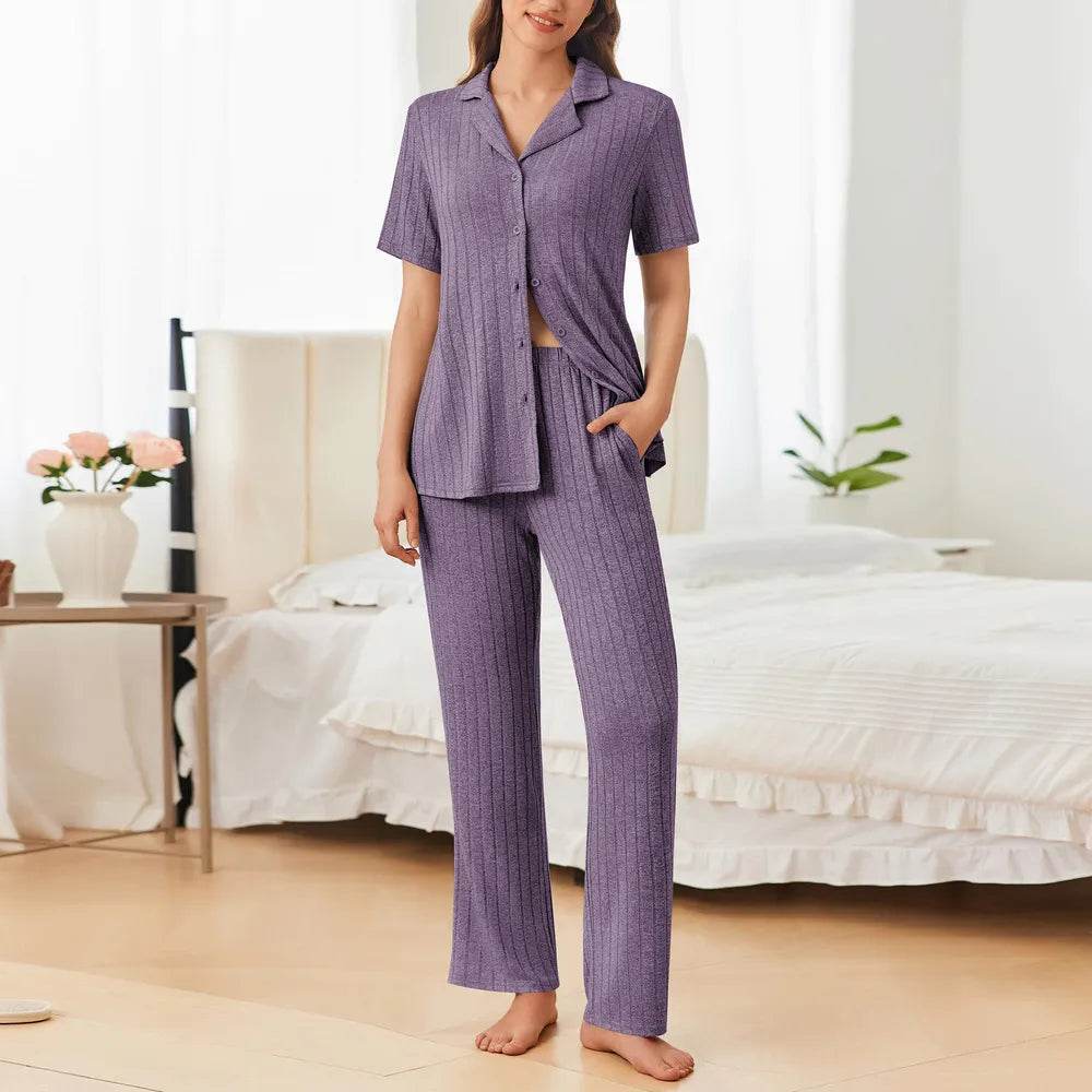 Button Down Long Sleeve Top and Pants Lounge Set - Byyde