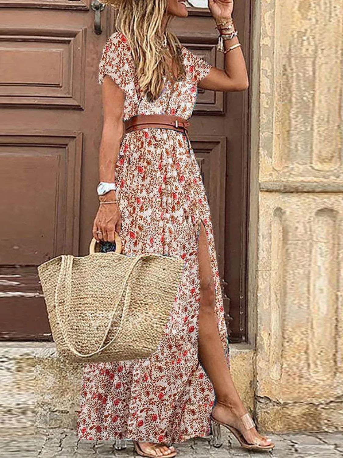 Full Size Printed V-Neck Short Sleeve Maxi Dress Plus Size - Byyde