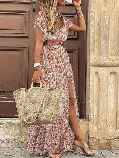 Full Size Printed V-Neck Short Sleeve Maxi Dress Plus Size - Byyde