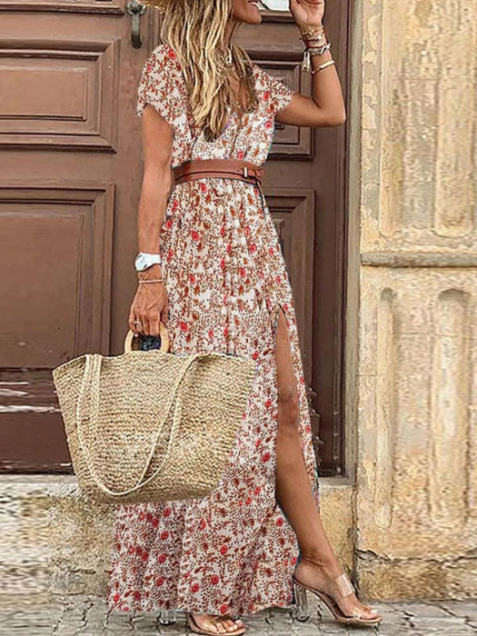 Full Size Printed V-Neck Short Sleeve Maxi Dress Plus Size - Byyde