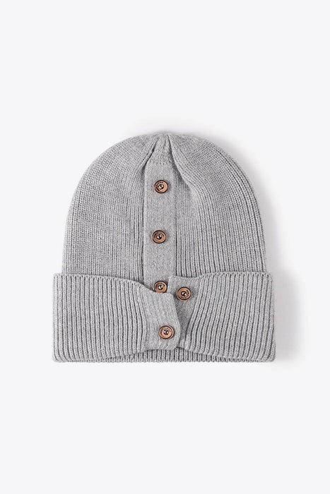 Button Detail Rib-Knit Cuff Beanie - Byyde