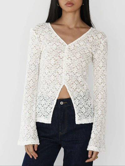 Lace V-Neck Flare Sleeve T-Shirt - Byyde