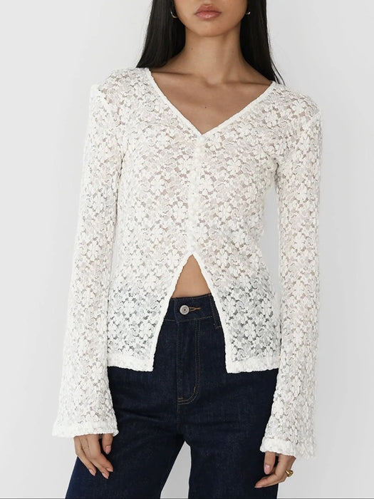 Lace V-Neck Flare Sleeve T-Shirt - Byyde