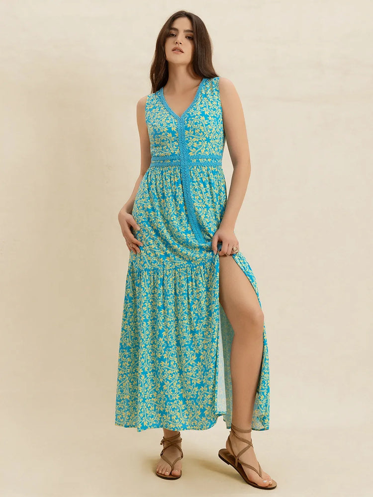 Slit Printed V-Neck Sleeveless Dress - Byyde