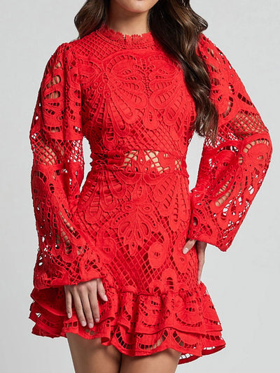 Lace Crochet Long Sleeve Mini Dress - Byyde