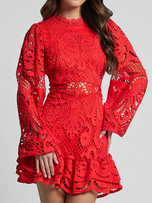 Lace Crochet Long Sleeve Mini Dress - Byyde