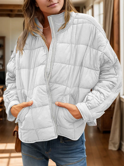 Pocketed Plaid Quilted Zip Up Winter Coat - Byyde