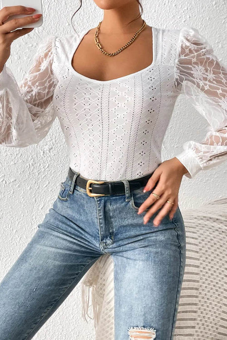 Eyelet Lace Long Sleeve Bodysuit - Byyde