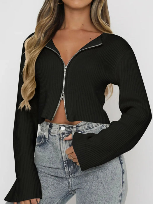 Ribbed Zip-Up Cropped Cardigan - Byyde