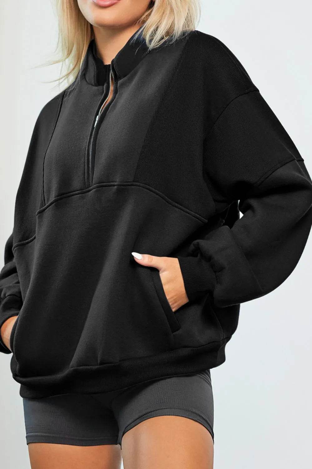 Half Zip Drop Shoulder Long Sleeve Sweatshirt - Byyde