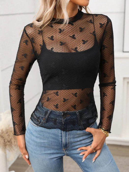 Floral Mock Neck Long Sleeve Mesh Top - Byyde