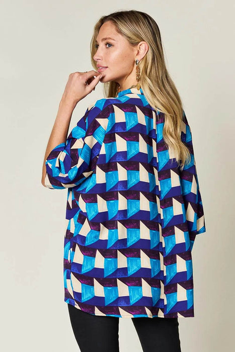 Double Take Full Size Geometric Notched Half Sleeve Blouse - Byyde
