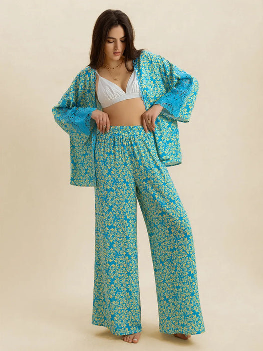 Open Front Printed Top and Pants Set - Byyde