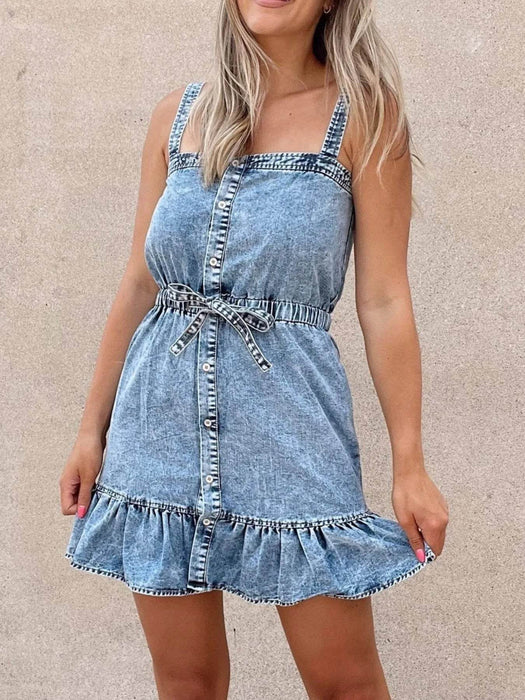 Casual Ruffled Hem Denim Mini Dress with Tie Waist - Byyde
