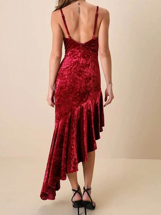 Asymmetrical Velvet Cami Dress with Ruffle Hem - Byyde
