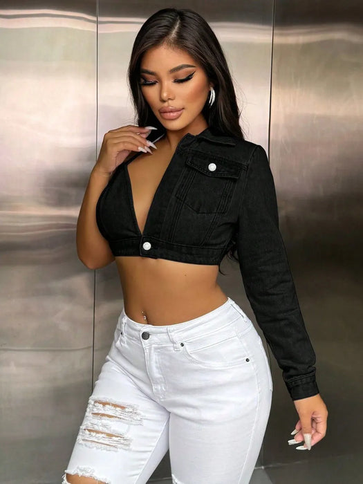 One Shoulder Long Sleeve Cropped Denim Top - Byyde