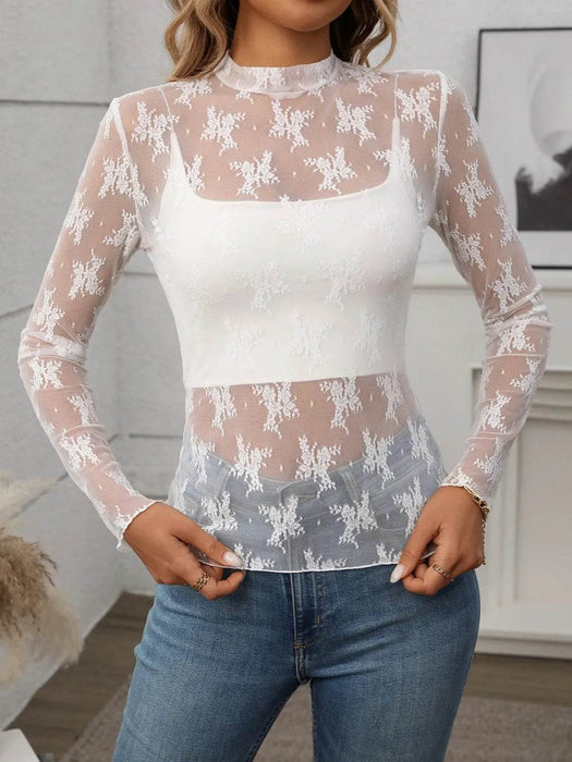Floral Mock Neck Long Sleeve Mesh Top - Byyde