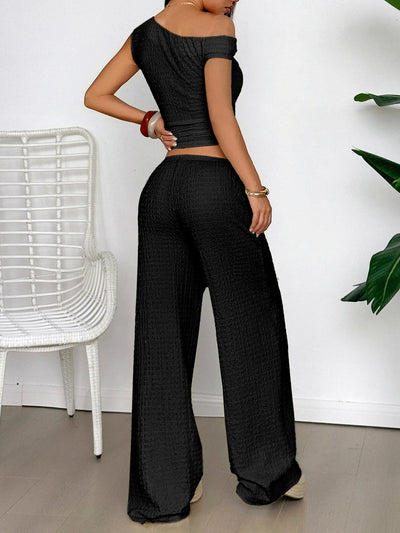 One Shoulder Top and Wide Leg Pants Set - Byyde