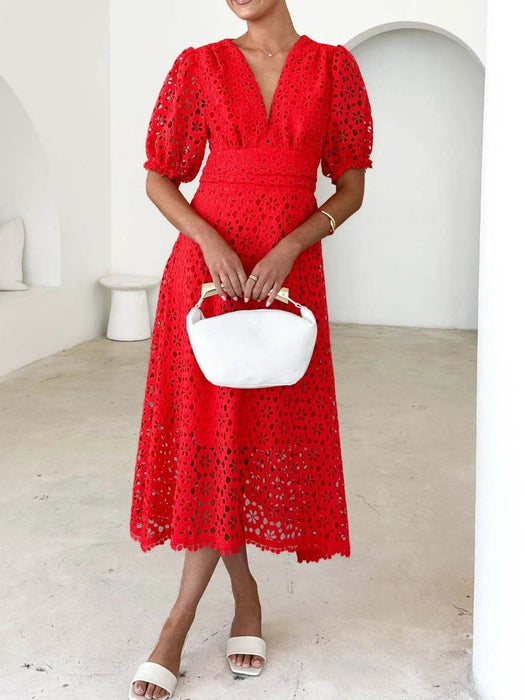 Eyelet Lace V-Neck Midi Dress with Puff Sleeves - Byyde