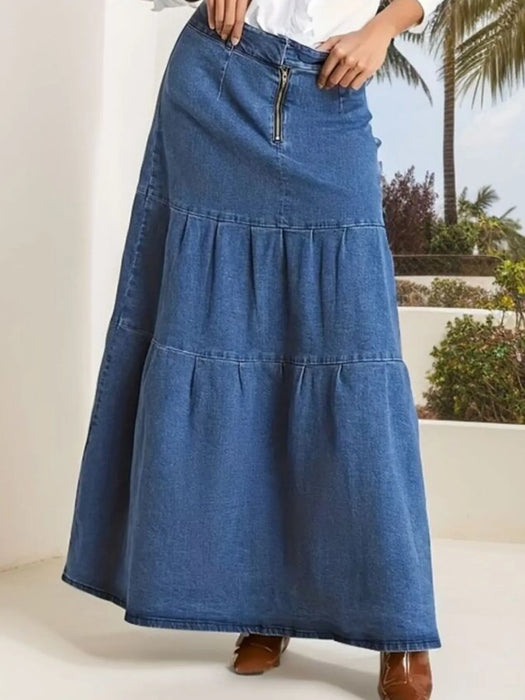 Tiered Maxi Denim Skirt with Zipper Detail - Byyde