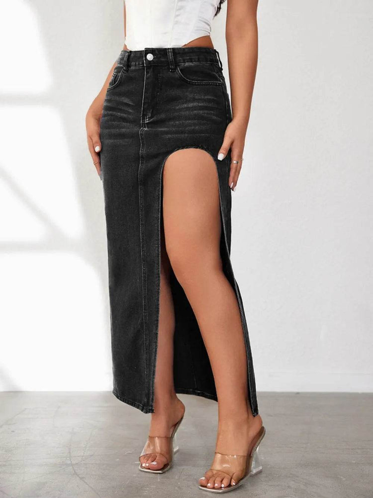 High Rise Slit Denim Skirt - Byyde