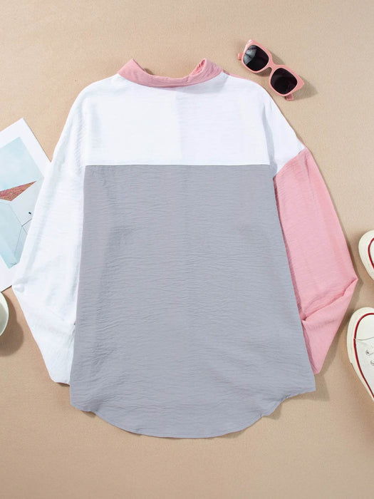 Color Block Oversized Button-Up Shirt with Chest Pocket - Byyde