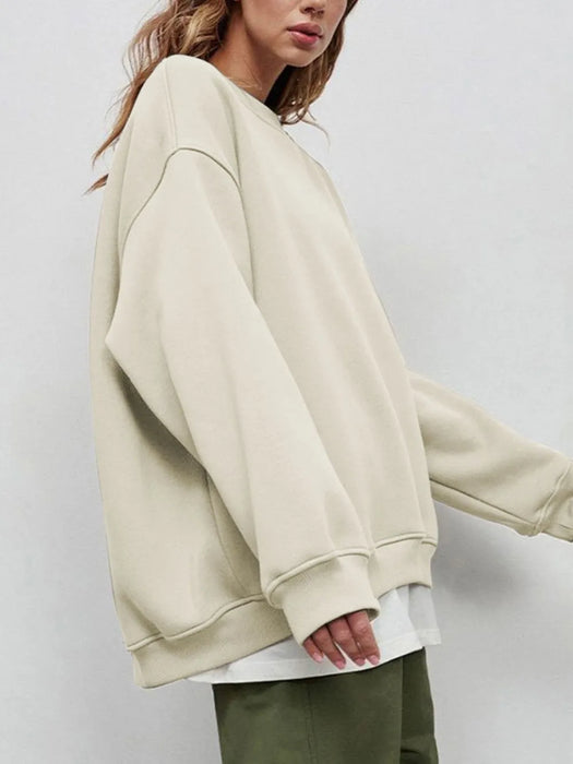 Round Neck Dropped Shoulder Long Sleeve Sweatshirt - Byyde