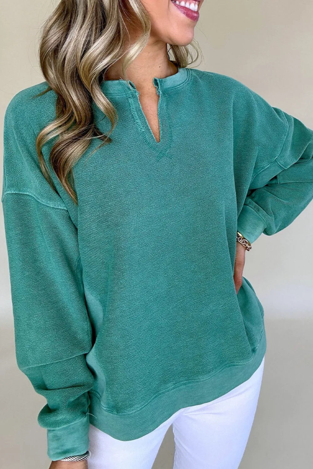 Notched Drop Shoulder Long Sleeve Sweatshirt - Byyde