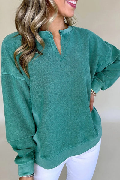 Notched Drop Shoulder Long Sleeve Sweatshirt - Byyde