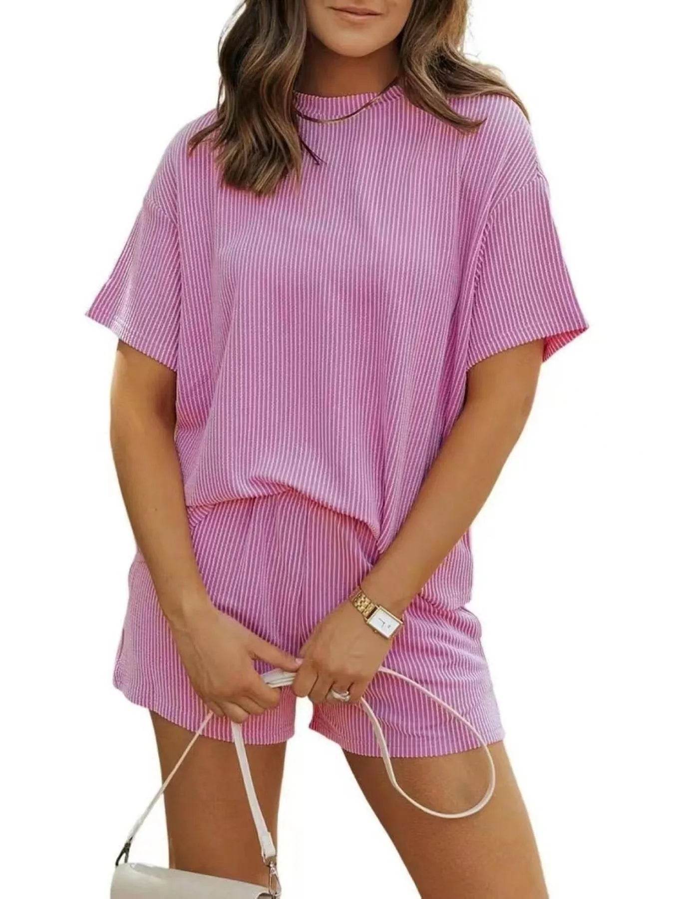Full Size Ribbed Short Sleeve Top and Shorts Two-Piece Set Plus Size - Byyde