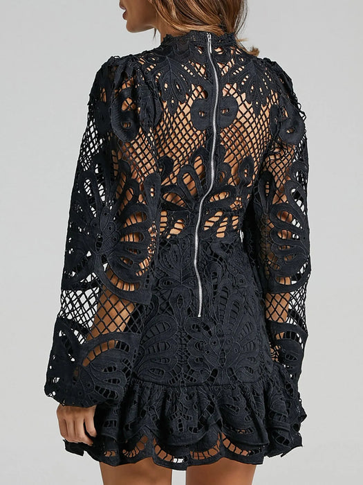 Lace Crochet Long Sleeve Mini Dress - Byyde