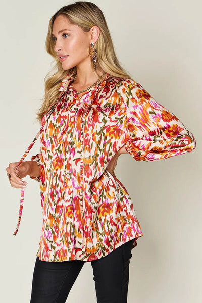 Double Take Full Size Printed Button Up Long Sleeve Shirt - Byyde