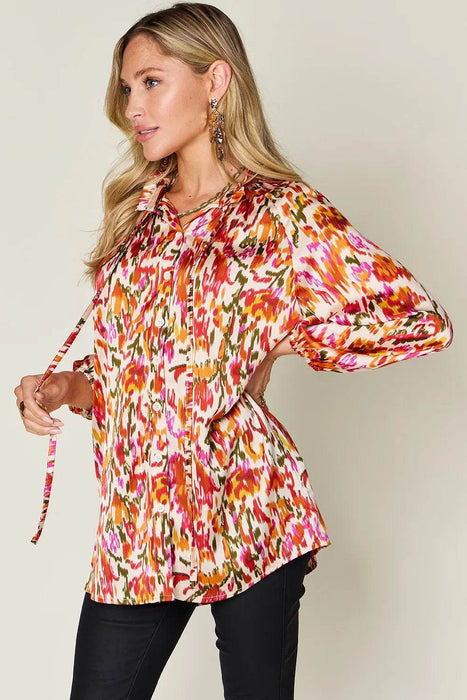 Double Take Full Size Printed Button Up Long Sleeve Shirt - Byyde