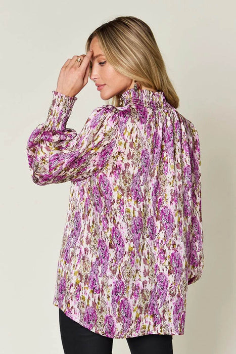 Double Take Full Size Printed Smocked Long Sleeve Blouse - Byyde