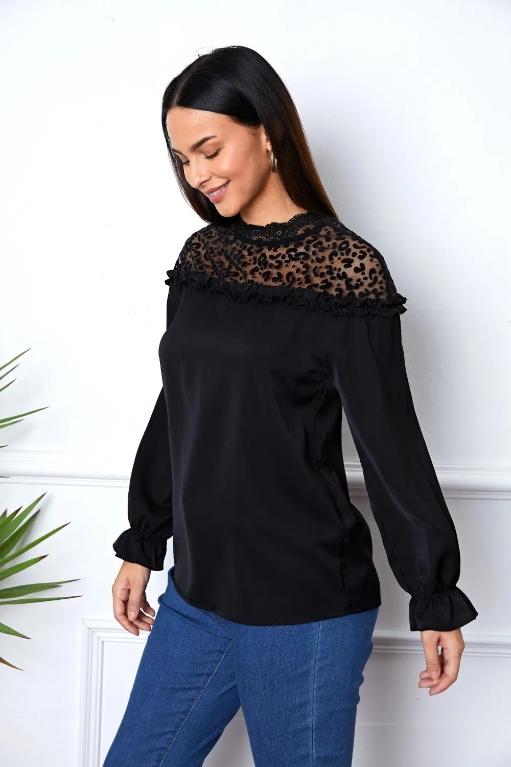 Leopard Frill Flounce Sleeve Blouse - Byyde
