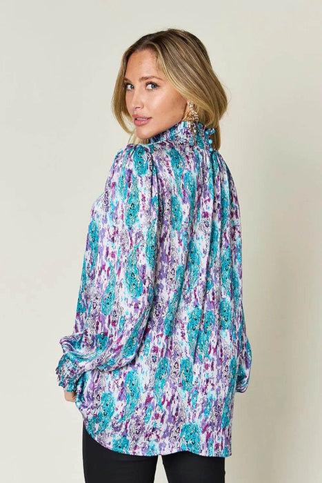 Double Take Full Size Printed Smocked Long Sleeve Blouse - Byyde