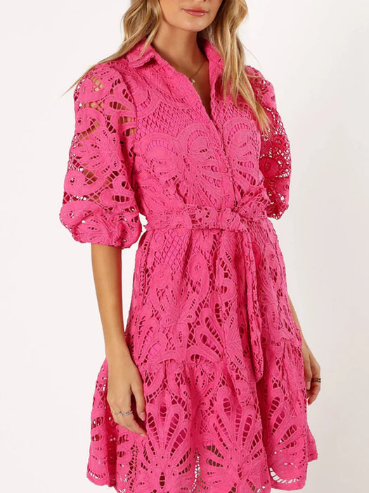 Lace Tie Waist Half Sleeve Dress - Byyde