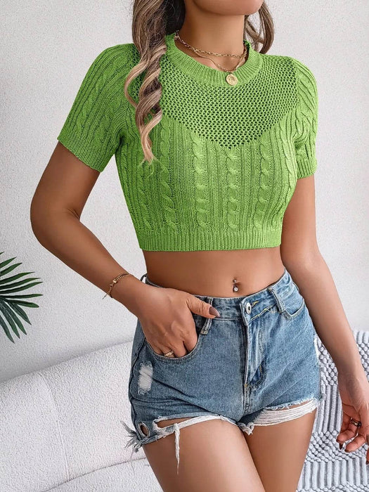 Cable Knit Openwork Round Neck Knit Top - Byyde