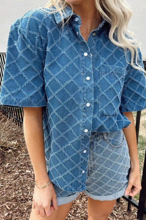 Pocketed Collared Neck Short Sleeve Womens Denim Shirt – Stylish Ladies Denim Shirt - Byyde