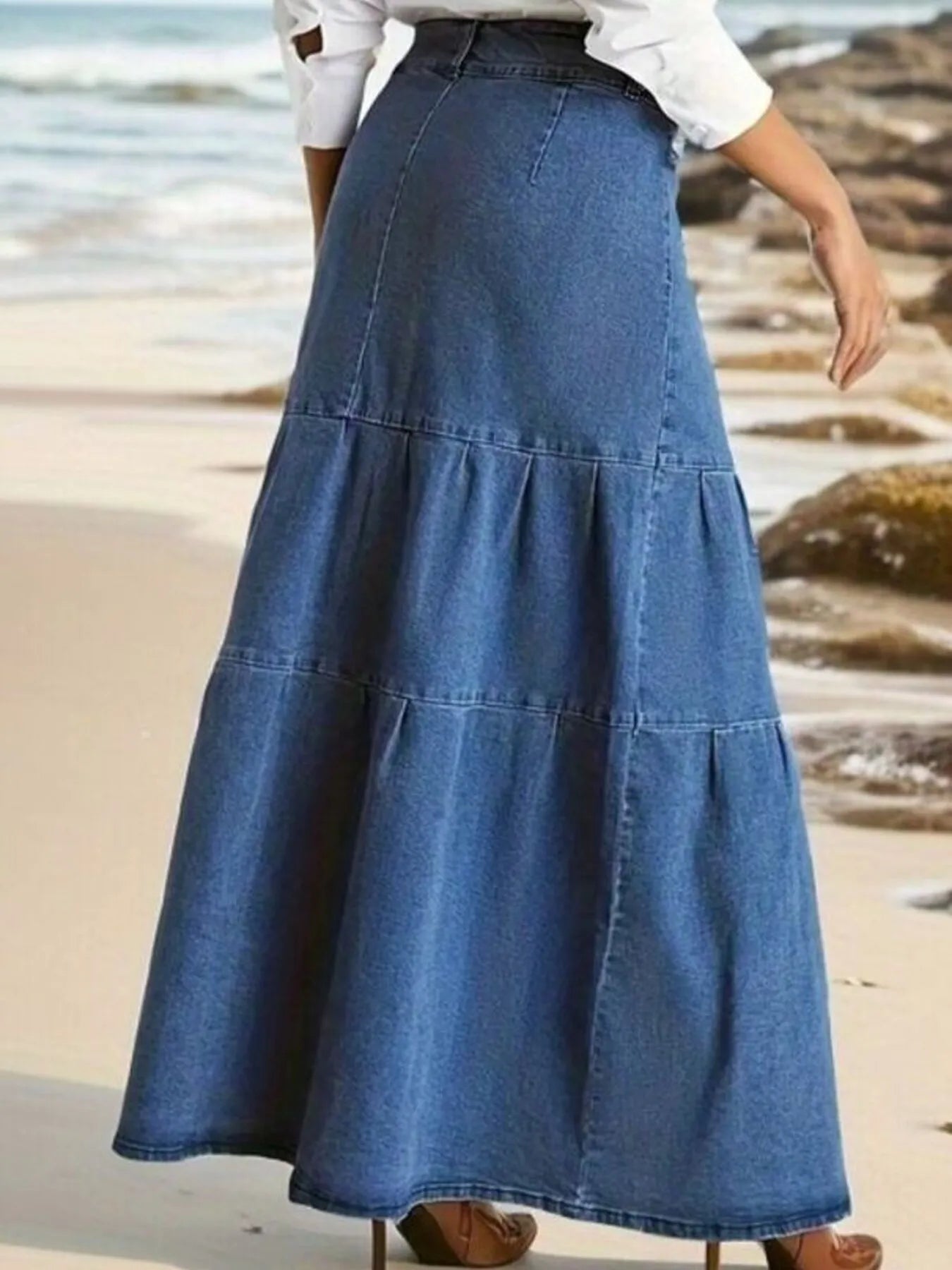 Tiered Maxi Denim Skirt with Zipper Detail - Byyde
