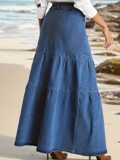Tiered Maxi Denim Skirt with Zipper Detail - Byyde