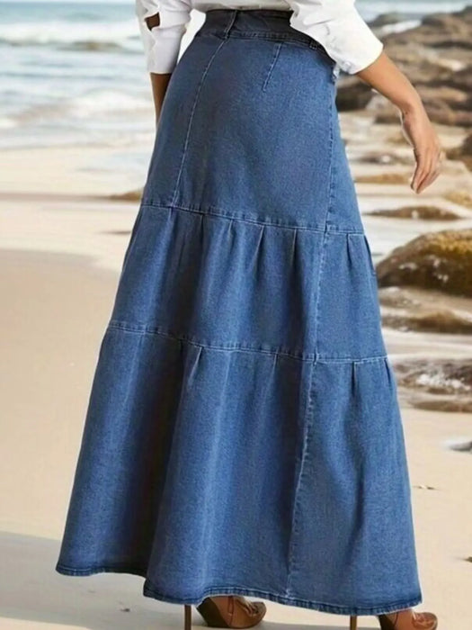 Tiered Maxi Denim Skirt with Zipper Detail - Byyde