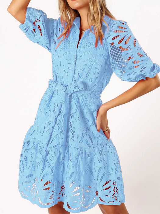 Lace Tie Waist Half Sleeve Dress - Byyde